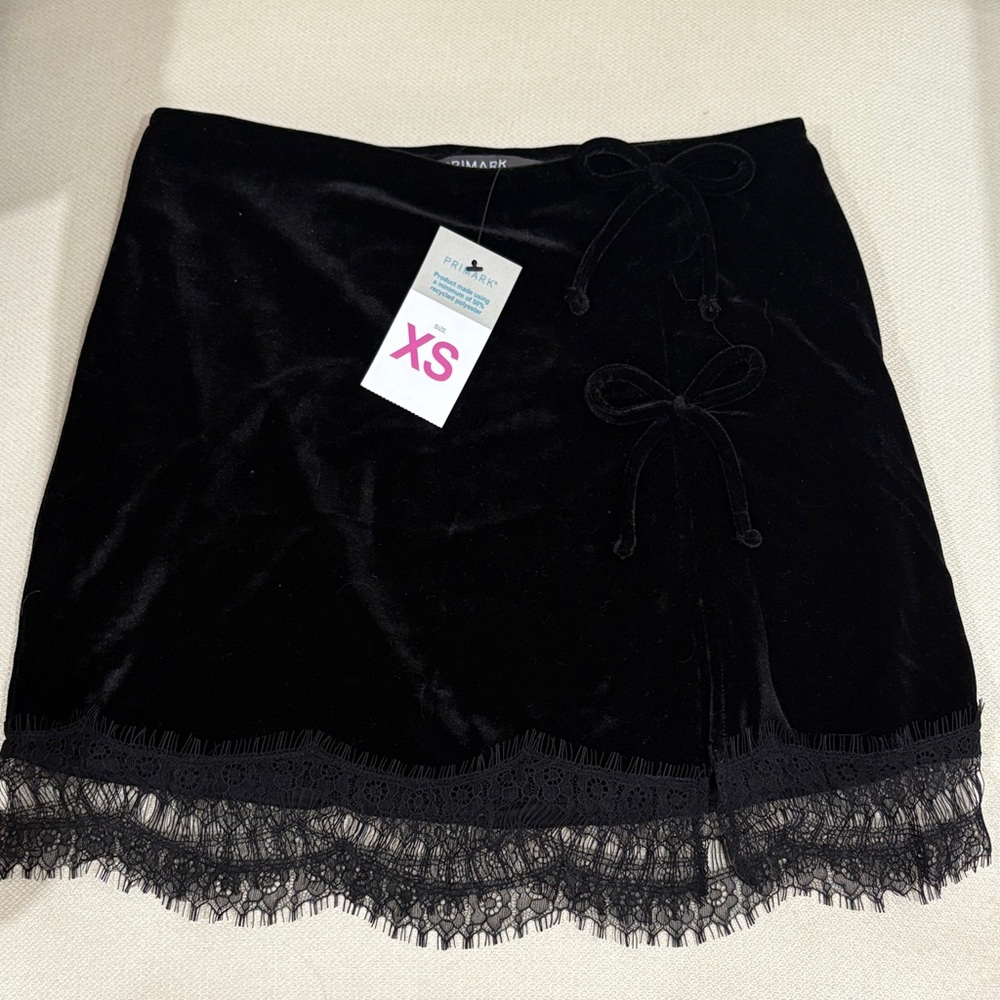 Black Velvet Mini Skirt with Lace Hem